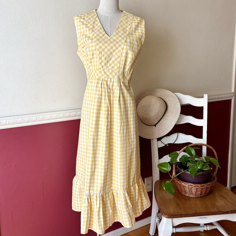 Handmade Yellow Gingham Cotton Prairie Dress Cottage Empire Waist State Fair Win
